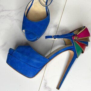 Brian Atwood TRIBECA Cuffed Blue Suede Platform Heels Multicolor Ankle Strap 37